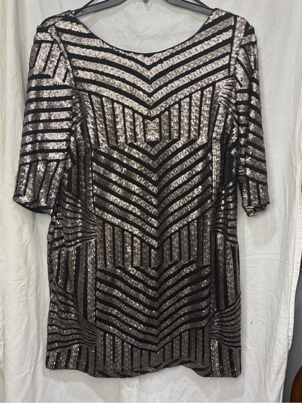 Black and Silver Sequin Chevron Shift Dress